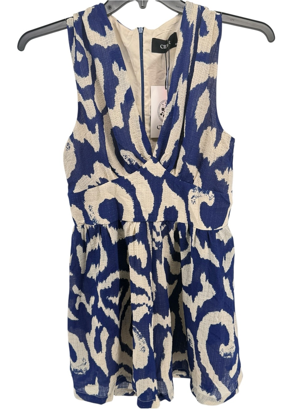 New Cider Blue and Cream Abstract Print Sleeveless Dress | M